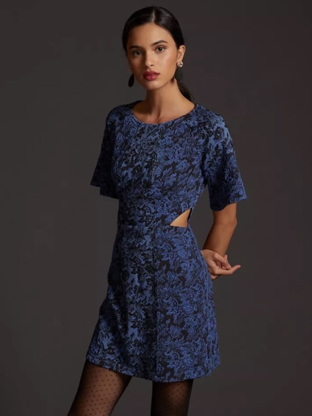 Anthropologie Blue Black Jacquard Cut-out Mini Dress Womens Size 6